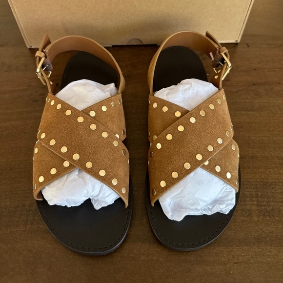 Madewell The Tuley Crossover Sandals Brown Suede Gold Studded Flat Sz 8 NEW - Picture 1 of 8
